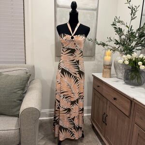 Tommy Bahama Island Palm Resort Vacation Halter Maxi Dress Peach and Brown